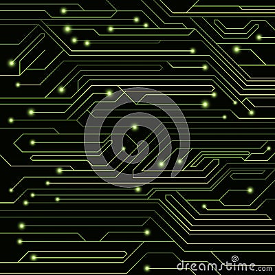 High-tech background of green color from a computer board with LEDs and luminous neon connectors. Computer circuit. A large electr Cartoon Illustration