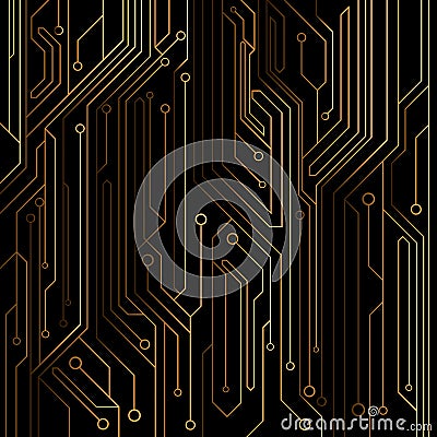 High-tech background of orange color from a computer board with LEDs and neon connectors. Computer circuit. Vector illustration Cartoon Illustration