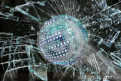 High Tech Ball Going Through Glass. Stock Photo