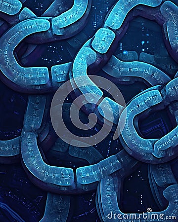 High-tech blockchain concept showcasing interconnected network nodes in a futuristic layered style with glowing blue Stock Photo