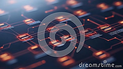 High tech blockchain network with illuminated orange and black grids visualizing secure digital connections and futuristic data Cartoon Illustration