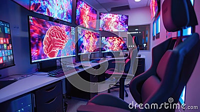 A high-tech brain imaging lab, where researchers are monitoring and analyzing brain activity patterns of gamers versus Stock Photo