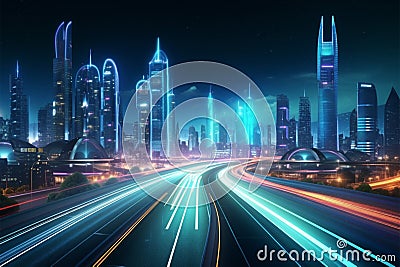 High tech cityscape with glowing roads in a midnight sci fi setting Stock Photo