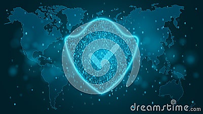 High-tech computer concept. A blue glowing neon shield made of binary code. Check mark. The system is protected. Map of the planet Cartoon Illustration