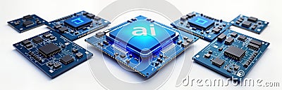 High-tech computer microchips, circuit boards shown in top view. Blue CPU chips with word AI visible highlighted. Tech Stock Photo