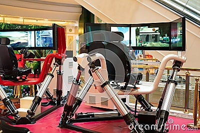High tech computer simulation game with hydraulics. Editorial Stock Photo