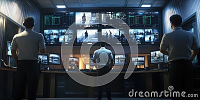 High-Tech Control Hub: Two Operators Amid Neon Glow, Monitoring Multiple Data Feeds and Urban Activity Stock Photo