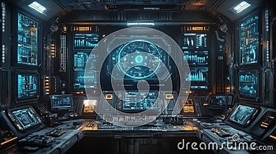 High-tech control room with multiple screens and advanced interface - generative ai Stock Photo