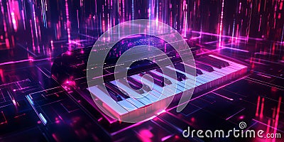 A high-tech 3D music background displaying a futuristic piano keyboard floating in a neon-lit, Stock Photo