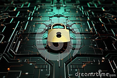 High tech 3D rendering Metal lock on a digital concept backdrop Stock Photo