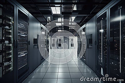 high-tech data center with intricate server racks and massive amounts of data storage Stock Photo