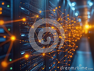 High tech data center shows complex network of interconnected database servers. Modern tech infrastructure data storage, Stock Photo