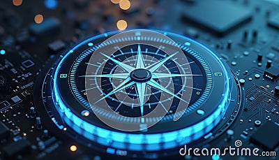 High-tech digital compass on circuit board. Futuristic tech design. Advanced navigation system. Integrated tech. Modern compass Stock Photo