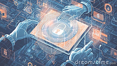 Cybersecurity professionals interacting with digital data on a secure interface Stock Photo