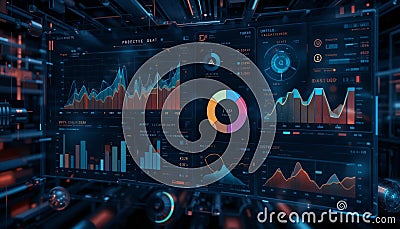 A high-tech digital interface set in a dark cybernetic environment, featuring predictive graphs, Stock Photo