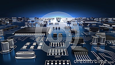 High tech electronic PCB Printed circuit board with processor and microchips Cartoon Illustration