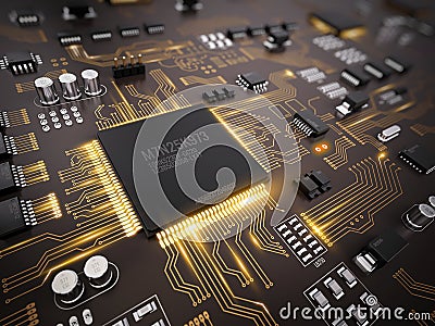 High tech electronic PCB (Printed circuit board) with processor, microchips and glowing digital electronic signals Cartoon Illustration