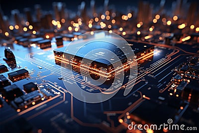 High tech electronics Circuit board showcases intricate pathways connecting various components Stock Photo