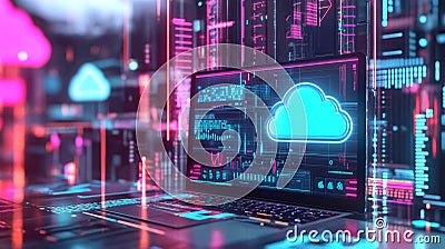 A high tech environment with a laptop displaying virtual data being downloaded from the cloud, Stock Photo