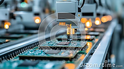 High-Tech Factory Automation with Robotic Arms Assembling Circuit Boards Stock Photo