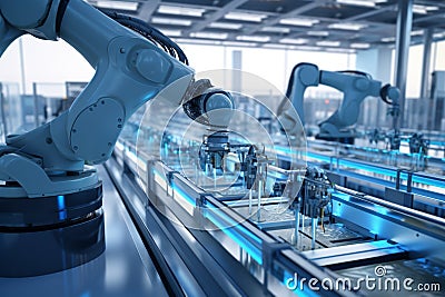In a high-tech factory, robotic arms work efficiently to assemble various components, surrounded by sleek machinery and artificial Stock Photo