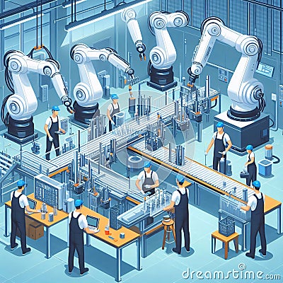 A high-tech factory with robotic arms and workers assembling products on a conveyor belt, showcasing advanced automation and human Stock Photo