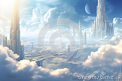 High-tech Future city clouds. Fog sky tower Stock Photo