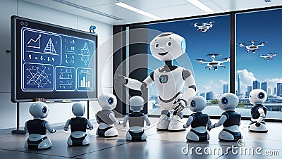 Futuristic Classroom Scene: Robot Teaching Smaller Robots in Advanced Learning Environment Stock Photo