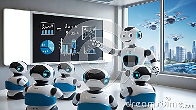 Futuristic Classroom Scene: Robot Teaching Smaller Robots in Advanced Learning Environment Stock Photo
