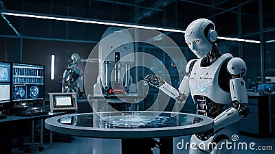 Advanced Robot Upgrade in a High-Tech Futuristic Laboratory. Stock Photo