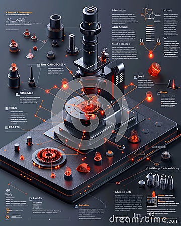 High Tech Futuristic Microscope with Advanced Interface and Illuminated Components on Dark Background Stock Photo