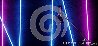 High Tech Futuristic Modern Tube Neon Fluorescent Glowing Showcase Performance Guitar Podcast Microphone Play Sing Cement Concrete Stock Photo