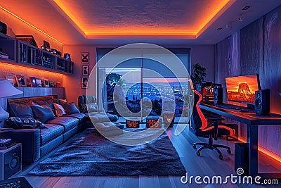 High-tech gaming room with surround sound LED lighting Stock Photo