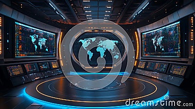 High-tech global data monitoring control room with advanced interface Stock Photo