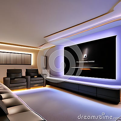 A high-tech, home cinema with a large screen, surround sound, and plush theater seating5 Stock Photo