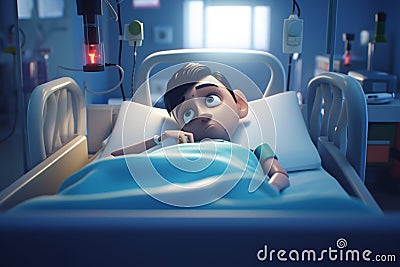 High-Tech Hospital Bed with Monitoring Equipment for Cartoon Patient Stock Photo