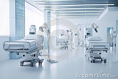 high-tech hospital, with medical and pharmaceutical robots performing on patient Stock Photo
