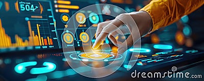High-tech interface with glowing charts and a hand interacting emphasizes advanced digital analytics Stock Photo