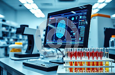 High-tech lab environment shows advanced forensic tools. Fingerprint analysis scanner on computer screen. Test tubes with liquid Stock Photo