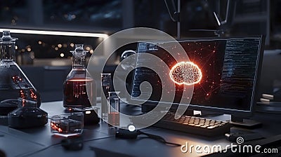 High-tech lab experimenting with brainwave technology a close-up of a futuristic digital display environment Stock Photo