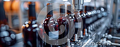 High-tech labeling machine applying labels to wine bottles in a modern factory setting Stock Photo