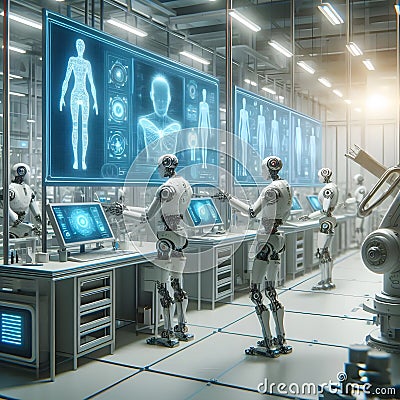 A high-tech laboratory with advanced robots performing various tasks. Stock Photo