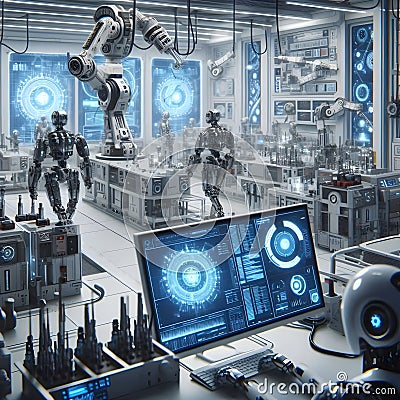 A high-tech laboratory with advanced robots performing various tasks Stock Photo