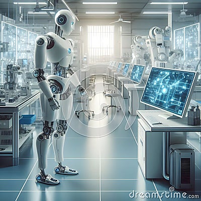 A high-tech laboratory with advanced robots performing various tasks Stock Photo