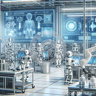A high-tech laboratory with advanced robots performing various tasks Stock Photo