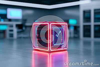 In a high-tech laboratory setting, a quantum computer is enclosed in a transparent, illuminated cube with circuits Stock Photo
