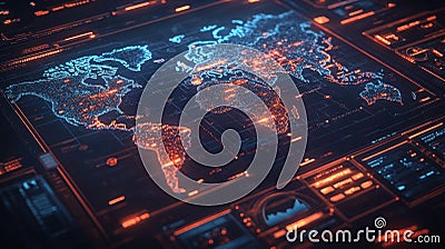 High tech map of the world glowing in vivid orange on a digital interface, representing data driven global connections, technol Cartoon Illustration
