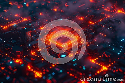 High tech microchip with glowing circuits in a futuristic setting, symbolizing the advancements and integration of modern compu Stock Photo