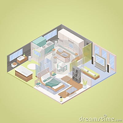 High Tech Modern Apartment Interior Design with Living Room, Bedroom and Kitchen. Isometric flat illustration Vector Illustration