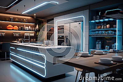 High-tech Modern kitchen interior smarthome. Generate Ai Stock Photo